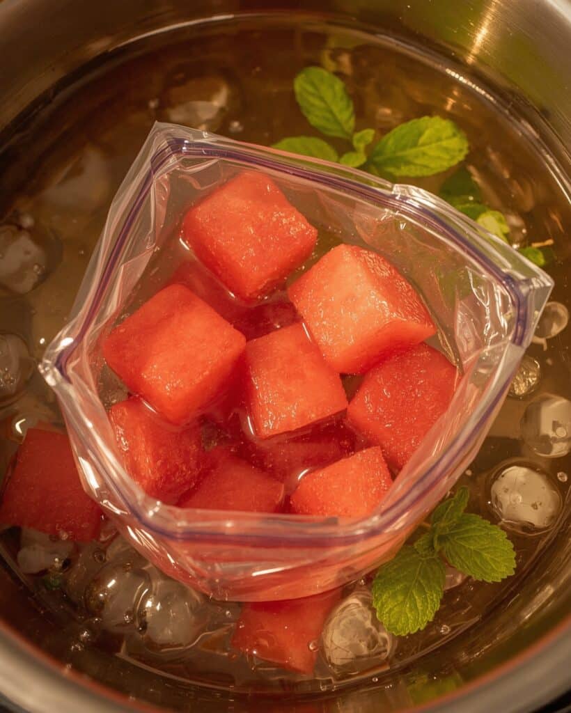 Vacuum-sealed watermelon being cooked sous vide for compression.
