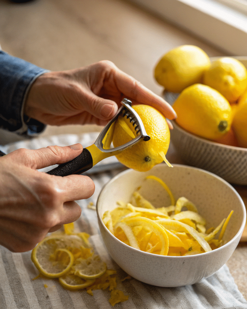 Peeling lemon zest for limoncello recipe