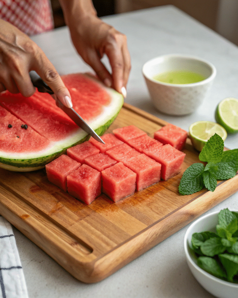 Preparing watermelon slices for sous vide compression