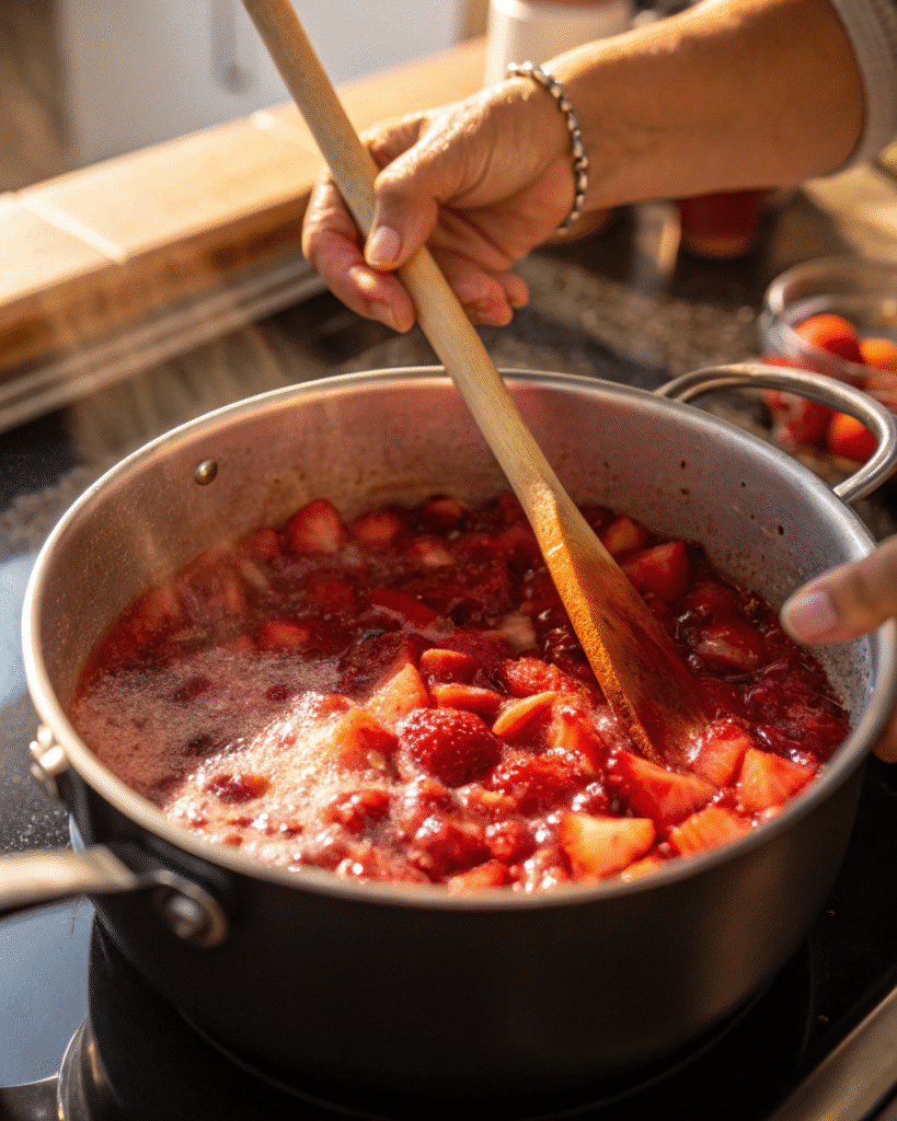 Mixing crushed strawberries and Sure Jell pectin for sure jell recipes