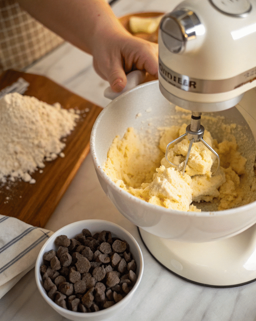 Creaming butter and sugars for crumbl cookie recipe