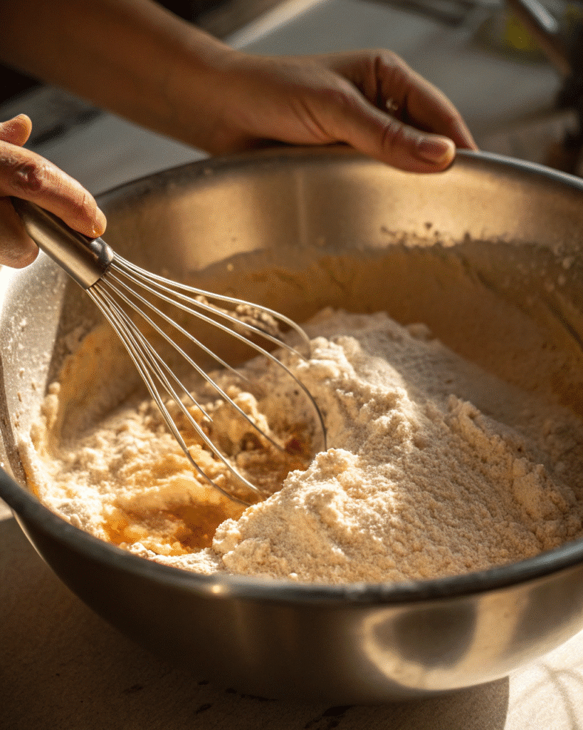 Mixing dry ingredients for rhubarb and strawberry muffins.