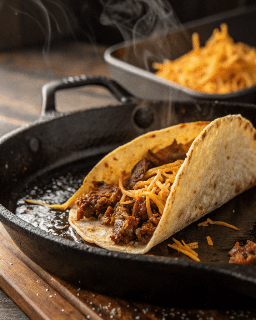 A cheesy Instant Pot birria taco sizzling in a hot cast-iron skillet, with cheese melting and creating a crispy edge.