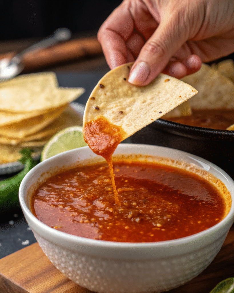 A hand dipping a corn tortilla into the shimmering red fat skimmed from the top of the Instant Pot birria consommé before frying.