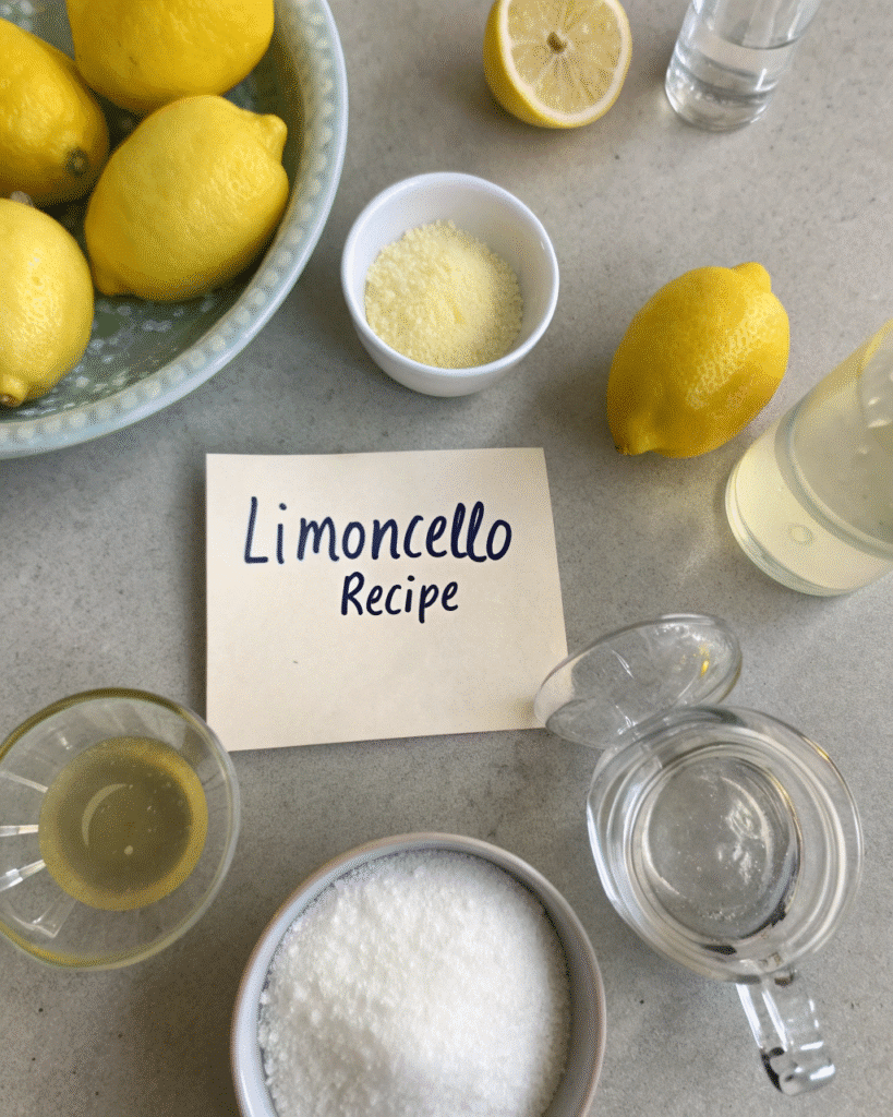 Ingredients for making limoncello recipe at home