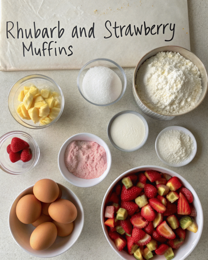 Ingredients for making rhubarb and strawberry muffins at home.