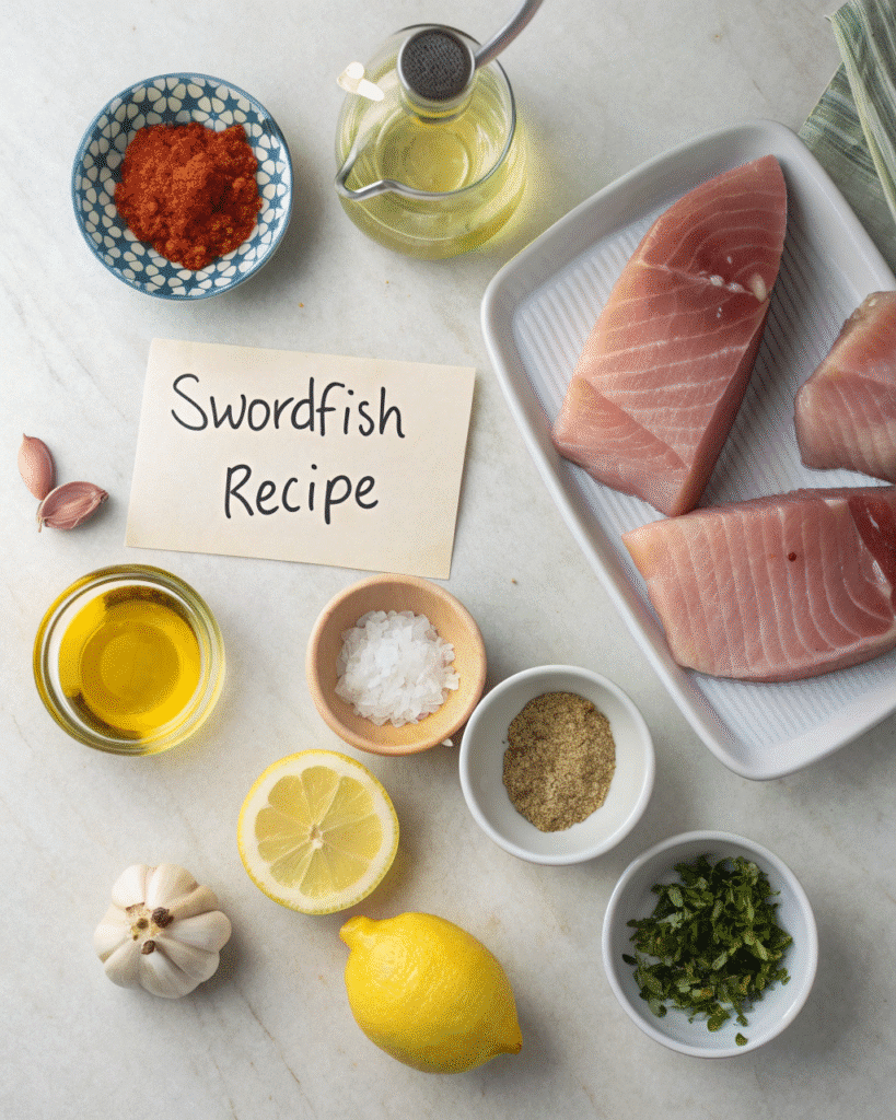 Ingredients for making swordfish recipe at home.