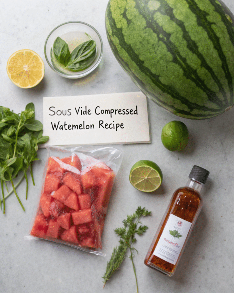 Ingredients for making sous vide compressed watermelon at home.