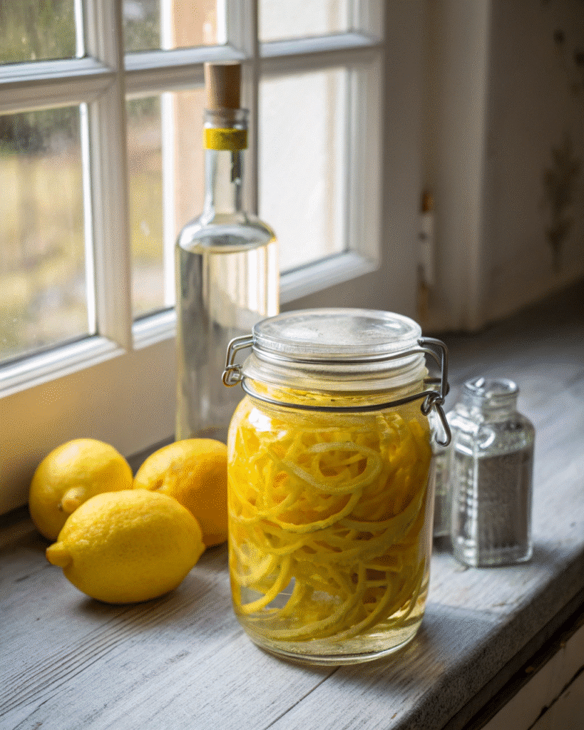 Steeping lemon zest in vodka for limoncello recipe.