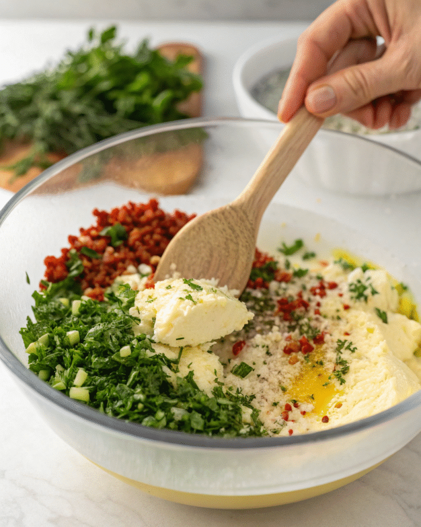 Mixing garlic, herbs, and spices into softened butter for cowboy butter recipe