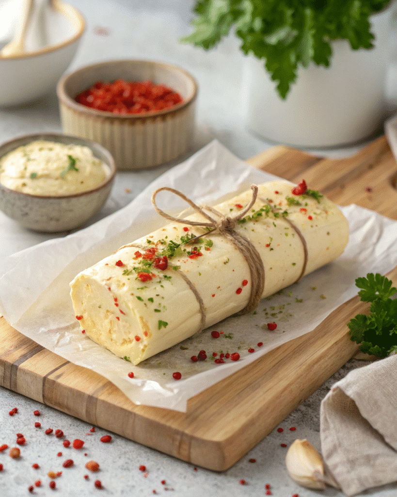 Shaped cowboy butter log wrapped in parchment paper for storage