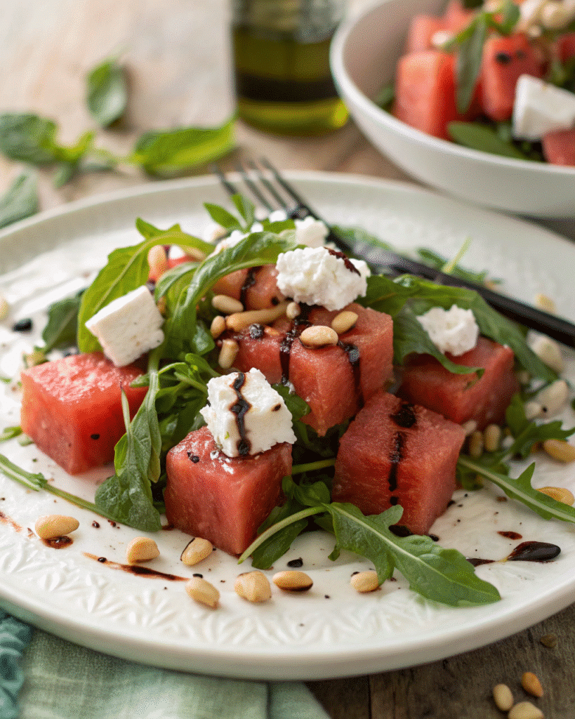 Sous vide compressed watermelon served as part of a summer salad.