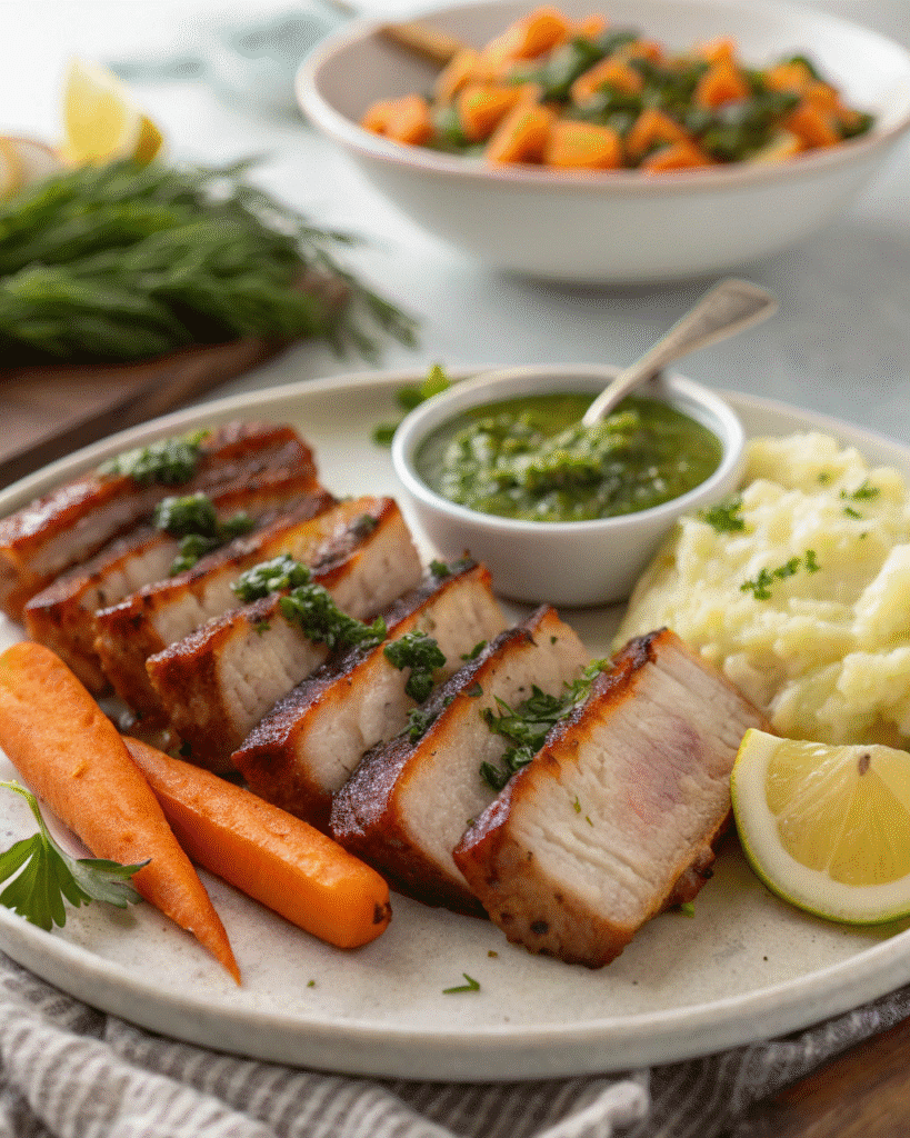 Sous vide crispy pork belly served with roasted vegetables and dipping sauce