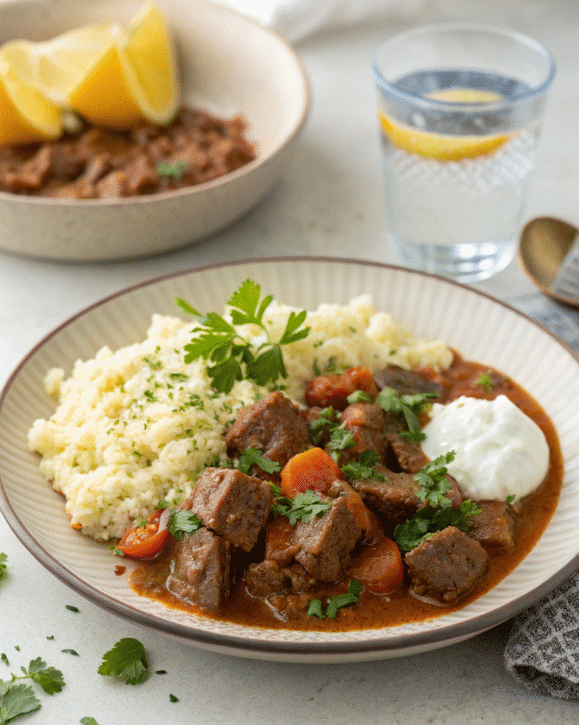 Keto instant pot recipes served with cauliflower rice and fresh herbs.