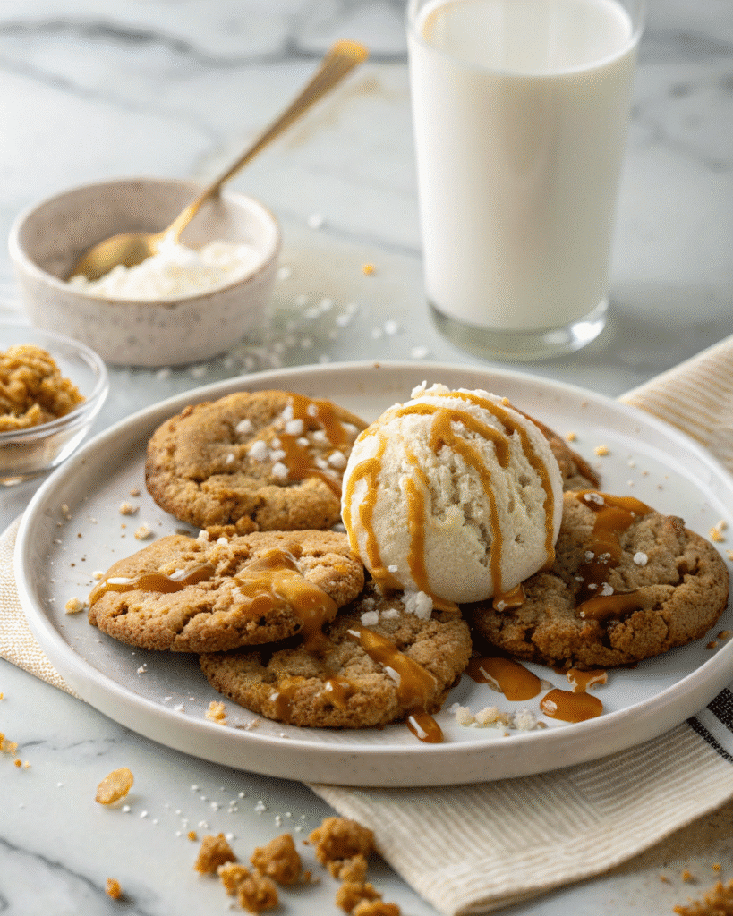 Crumbl cookies served warm with ice cream and caramel sauce