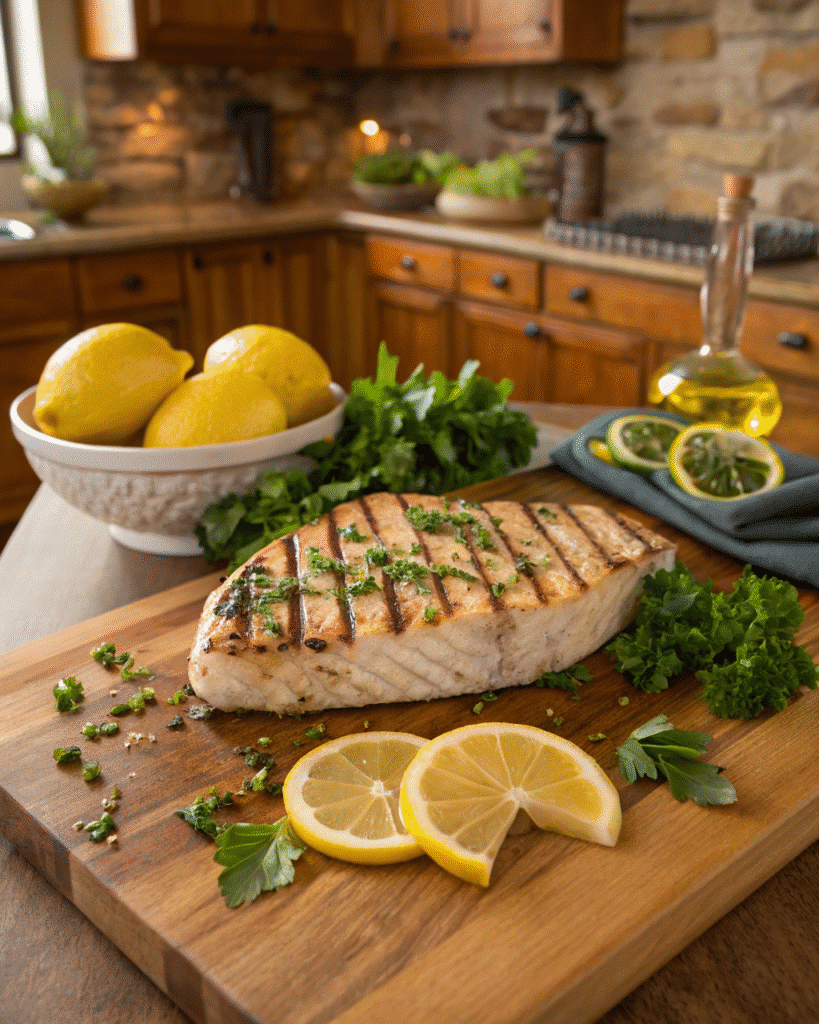 Delicious grilled swordfish recipe with fresh lemons and herbs.