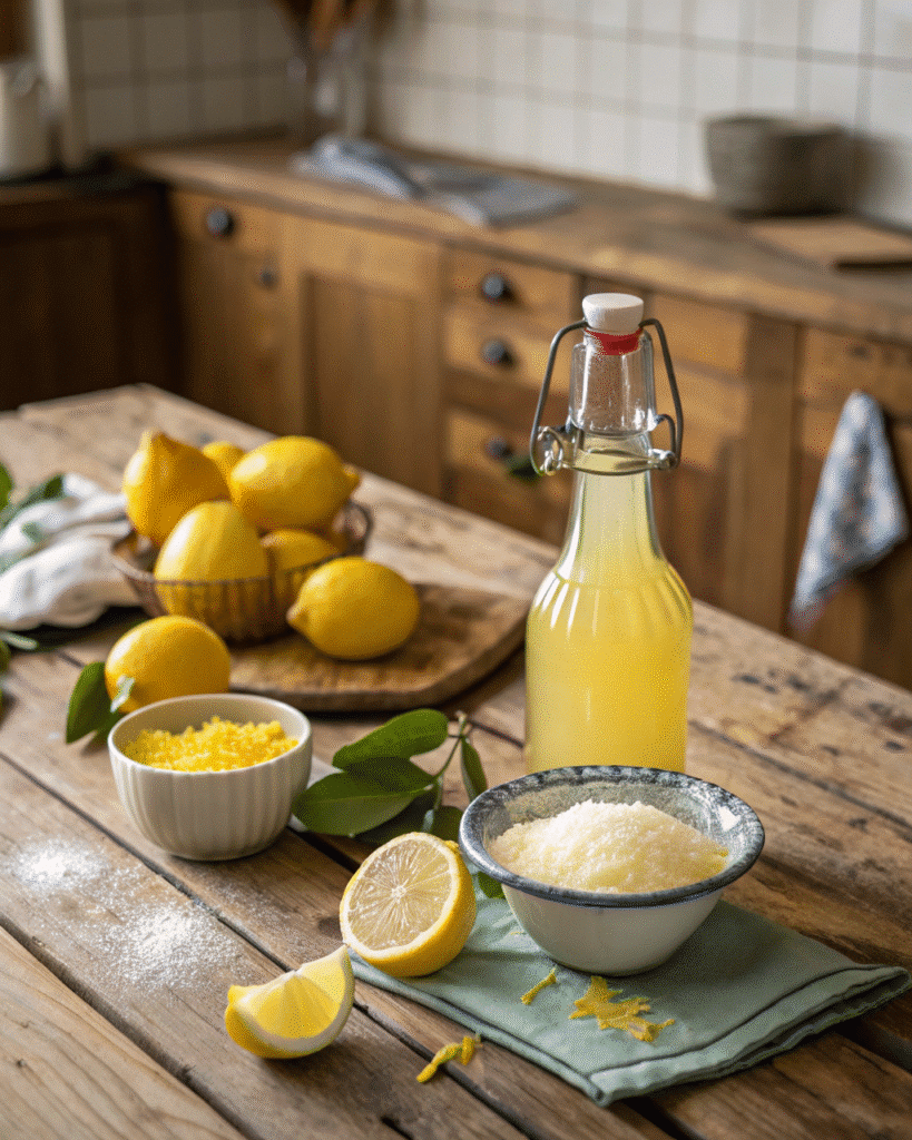 Delicious homemade limoncello recipe with fresh lemons and sugar.