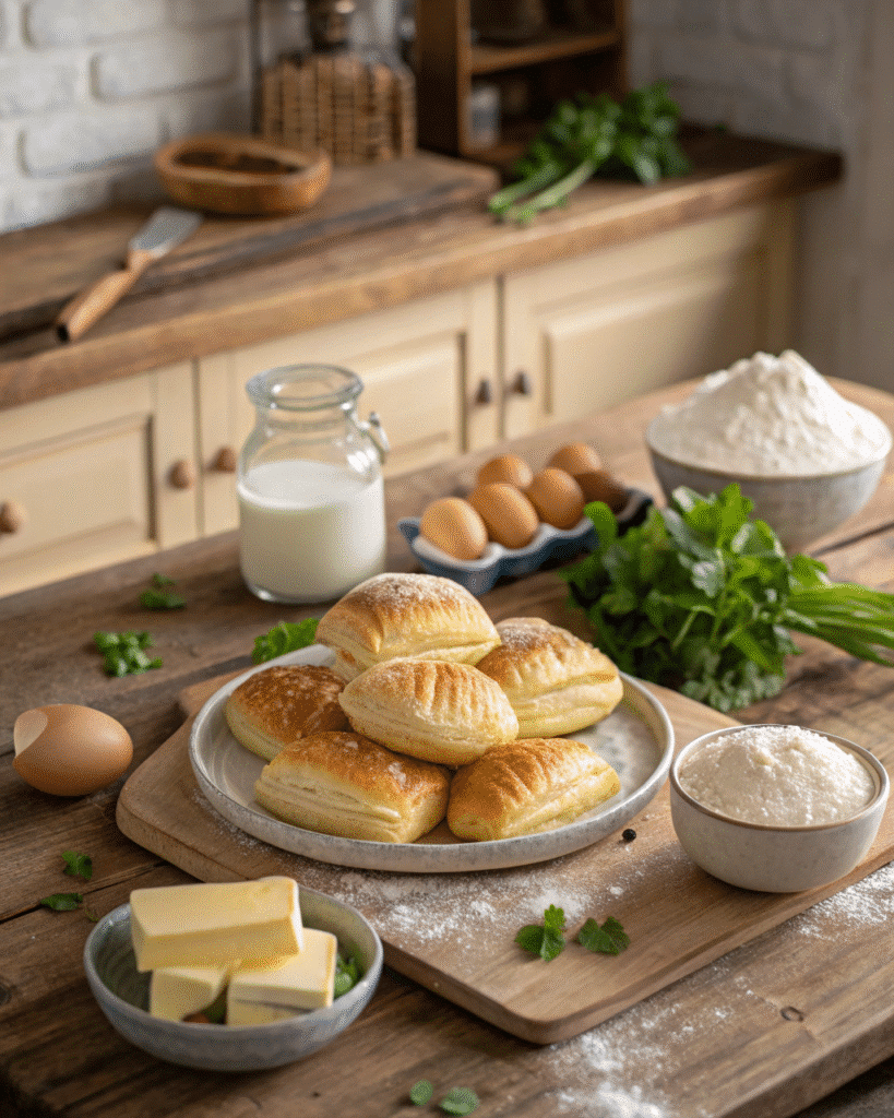 Delicious homemade gipfeli recipe with ingredients displayed on a rustic table