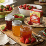 Delicious homemade sure jell recipes with fresh fruits and jars of jam.