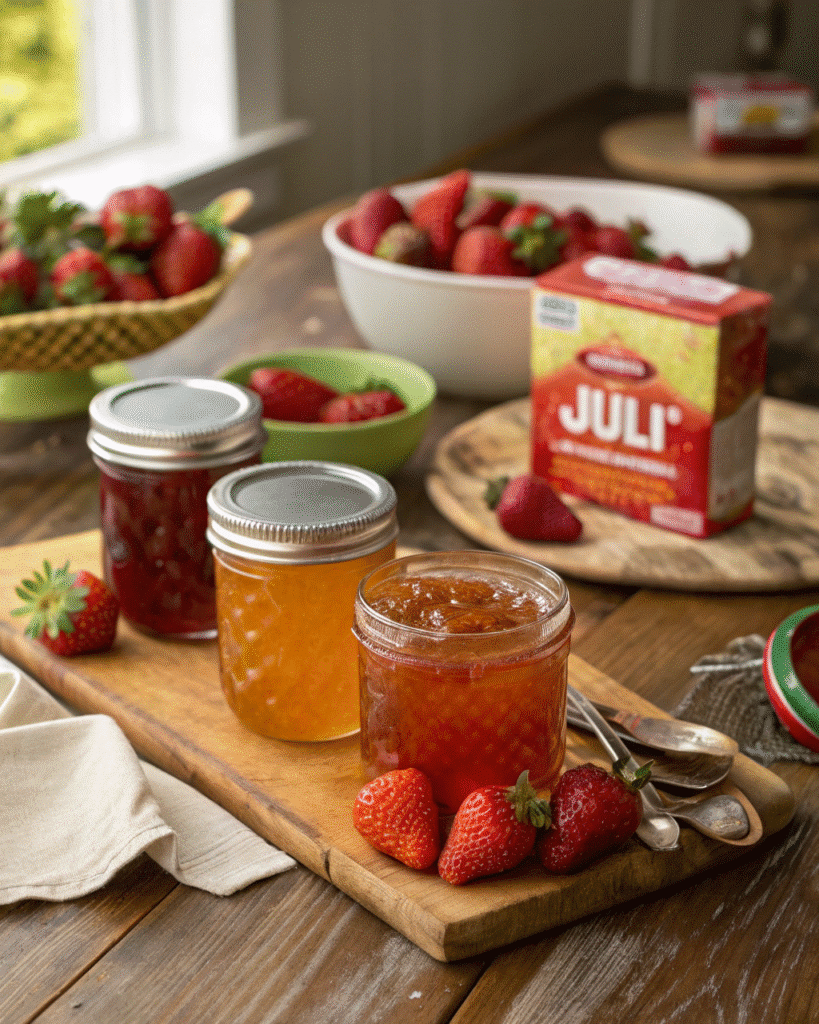 Delicious homemade sure jell recipes with fresh fruits and jars of jam.
