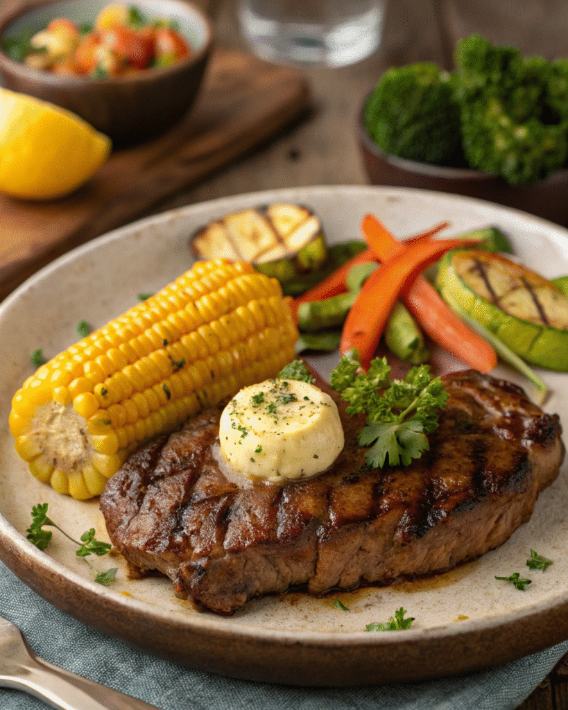 Grilled steak with melted cowboy butter served alongside vegetables.