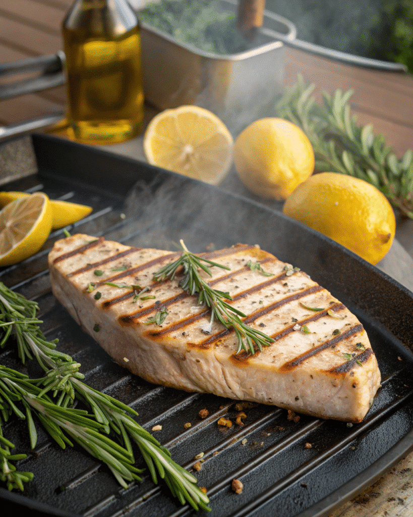 Grilling swordfish steak for a flavorful dish.