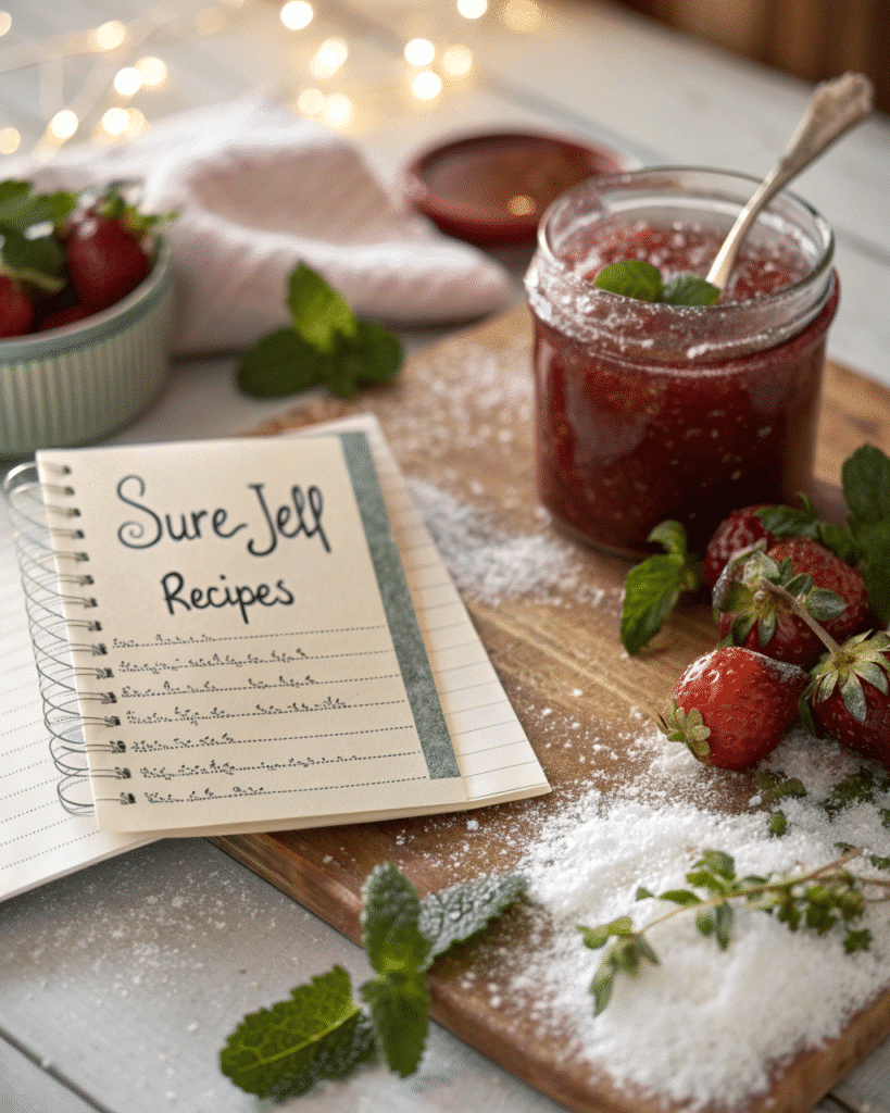 Recipe card for sure jell recipes with detailed instructions