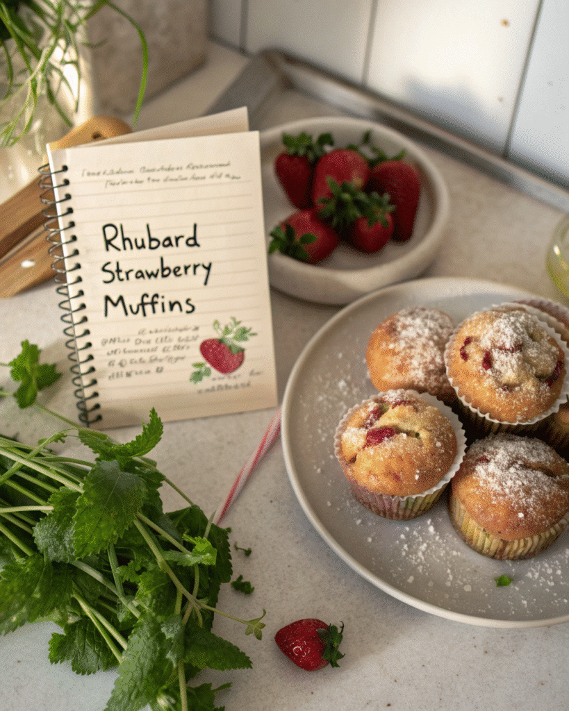 Recipe card for rhubarb and strawberry muffins with detailed instructions