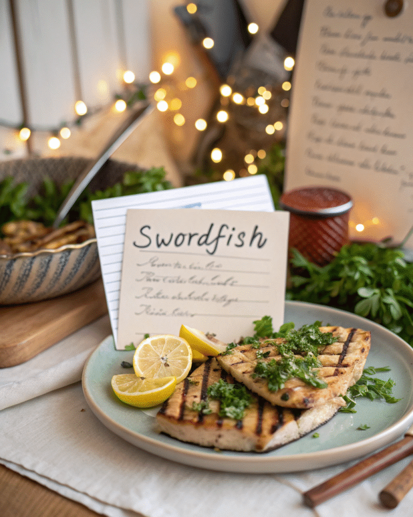 Recipe card for swordfish with detailed instructions