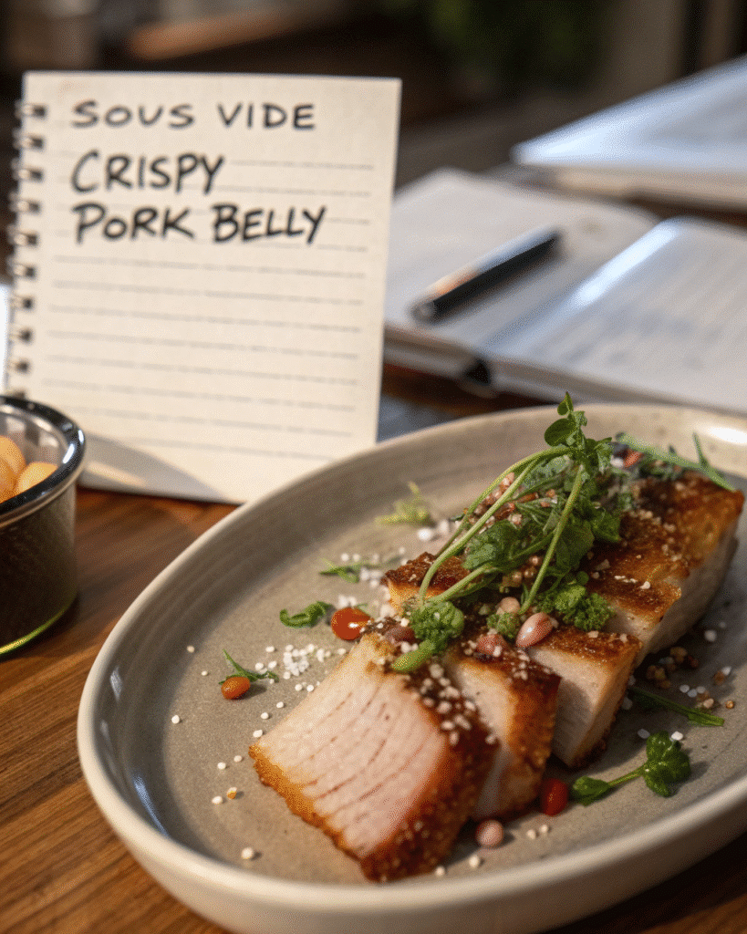 Recipe card for sous vide crispy pork belly with detailed instructions
