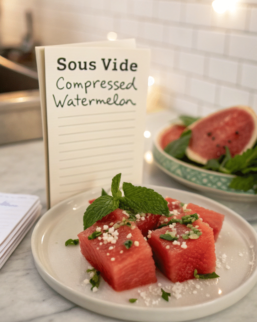 Recipe card for sous vide compressed watermelon with detailed instructions.
