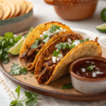 A plate of three crispy Instant Pot birria tacos, with one taco being dipped into a small, steaming bowl of rich red consommé.