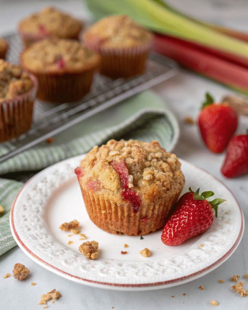 Rhubarb and strawberry muffins served warm with butter and honey.