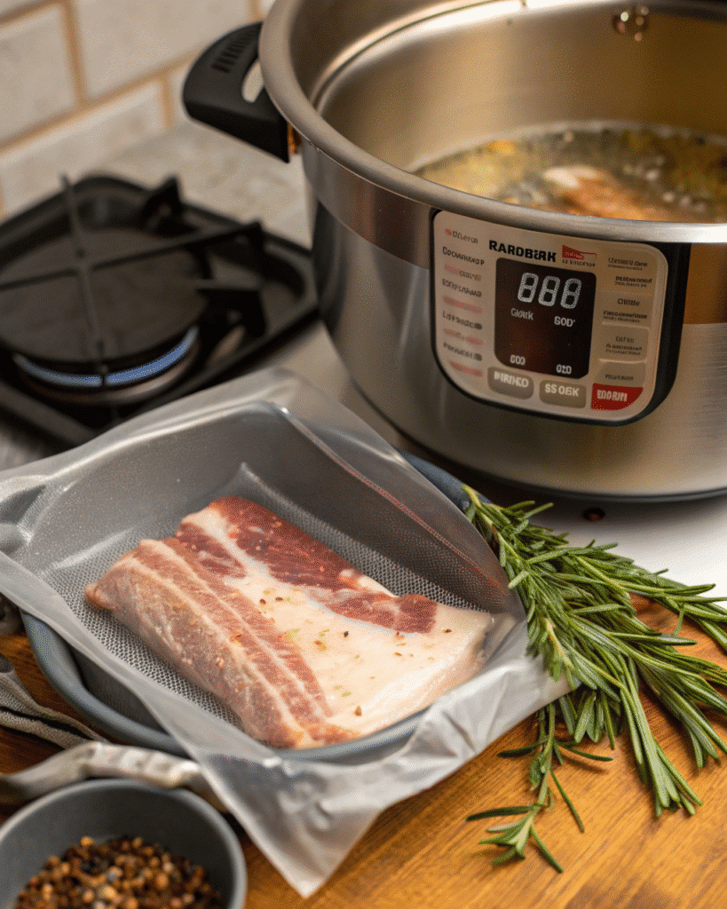 Sous vide cooking process for crispy pork belly recipe.