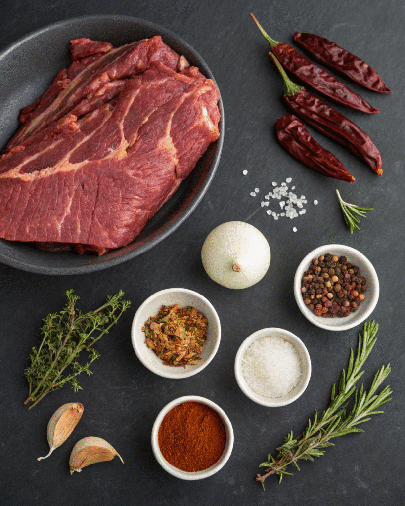 The key ingredients for Instant Pot birria tacos, including beef chuck roast, dried guajillo and ancho chiles, onion, garlic, and spices.