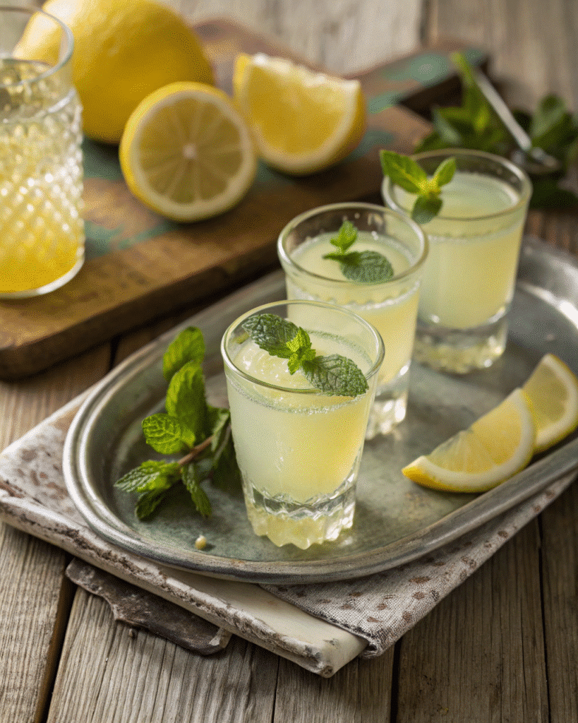 Chilled limoncello served in small glasses with lemon slices.