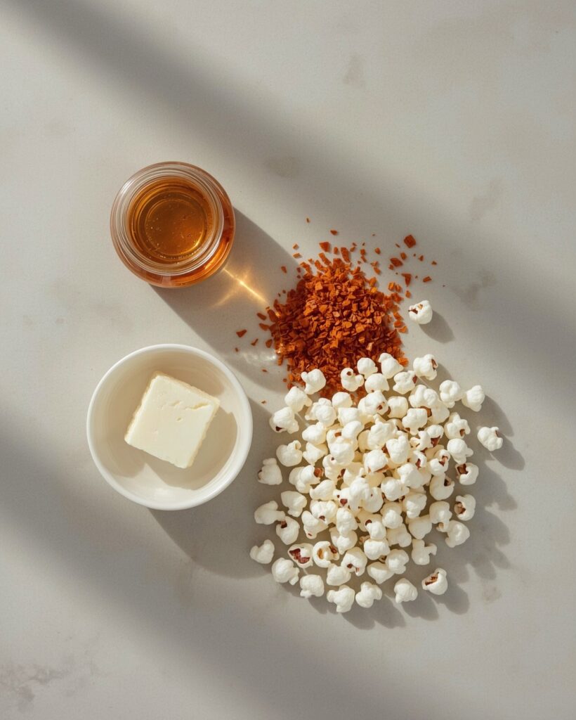 Ingredients for hot honey popcorn laid out