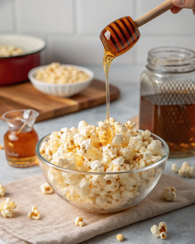 Pouring hot honey over popcorn