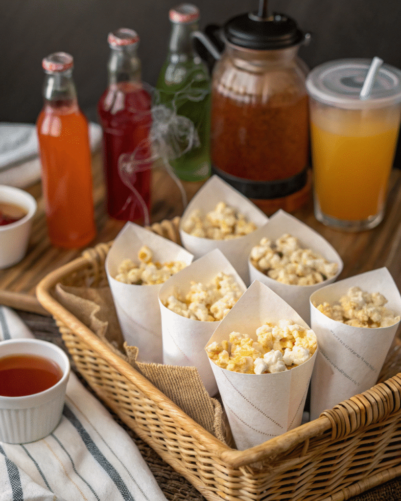 Hot honey popcorn served in cones
