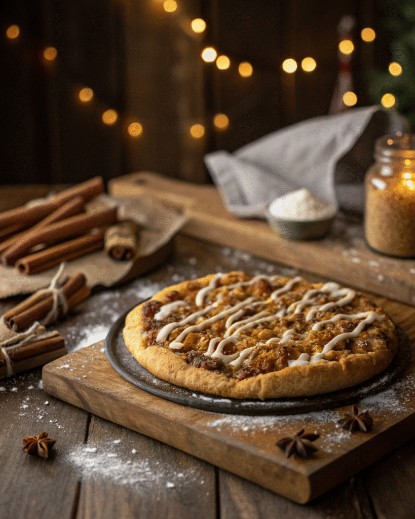 Cinnamon Streusel Dessert Pizza rustic table