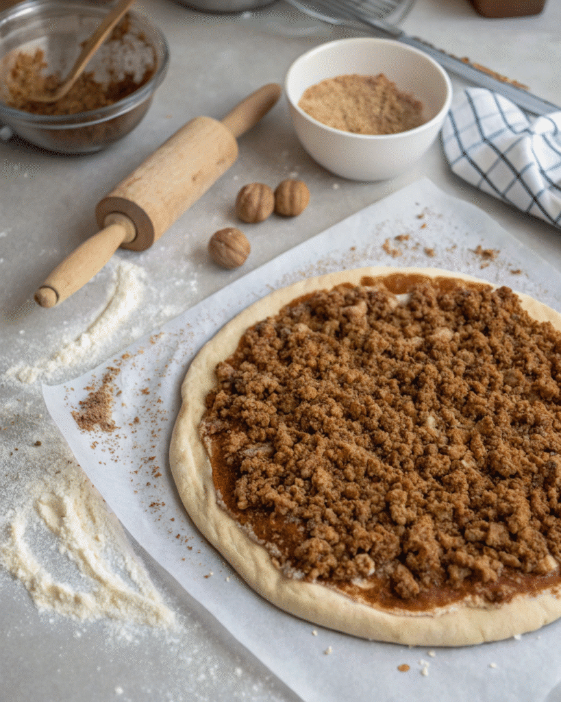 Unbaked streusel pizza topping