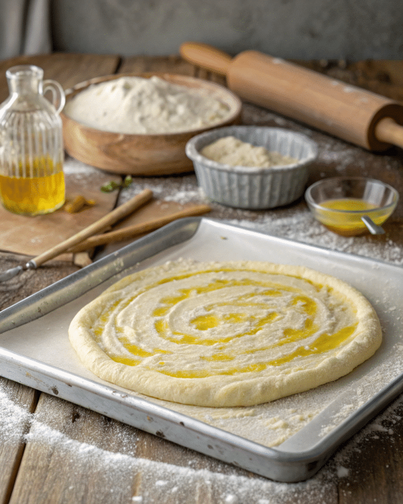 Pizza dough brushed with butter